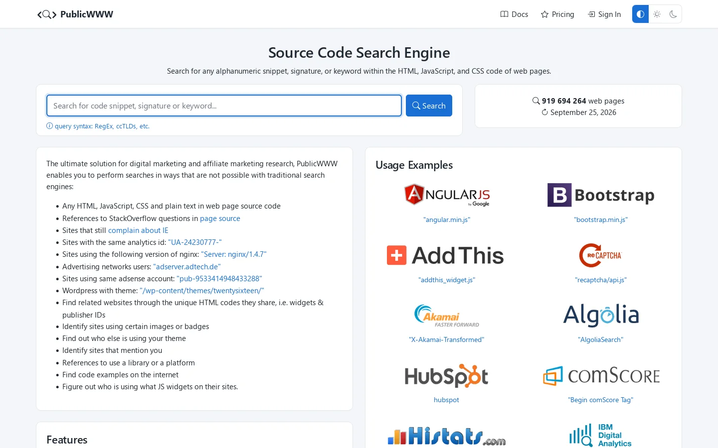 PublicWWW.com Homepage screenshot