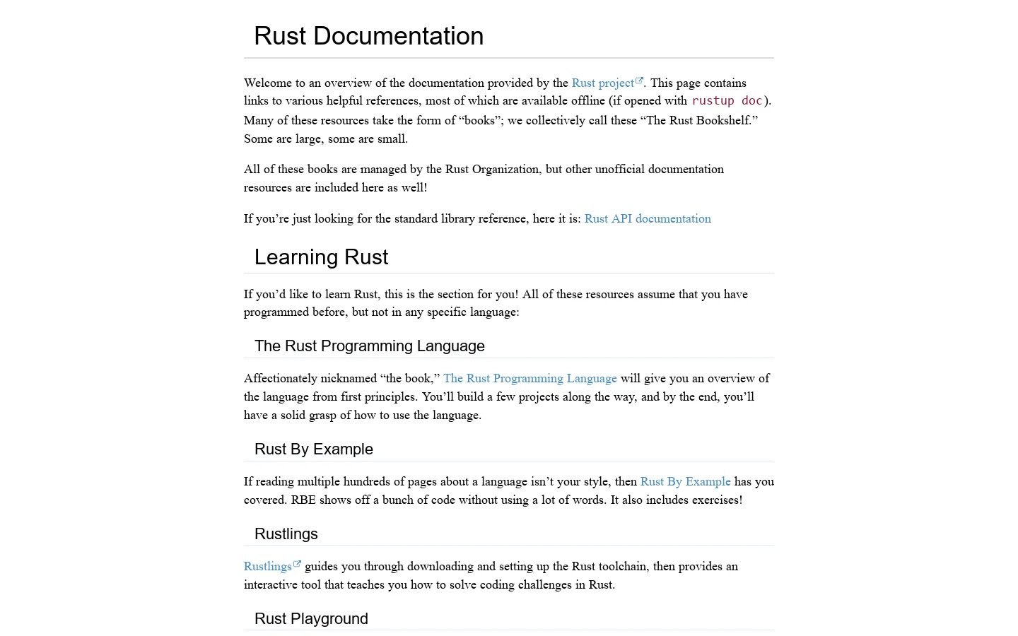 Rust Documentation Homepage screenshot