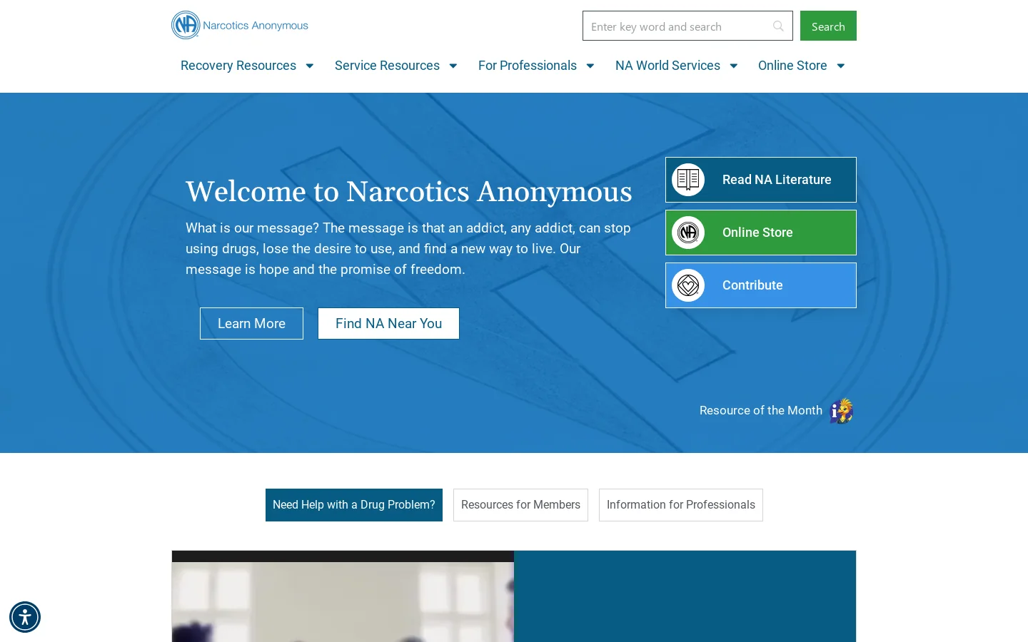 Narcotics Anonymous Homepage screenshot