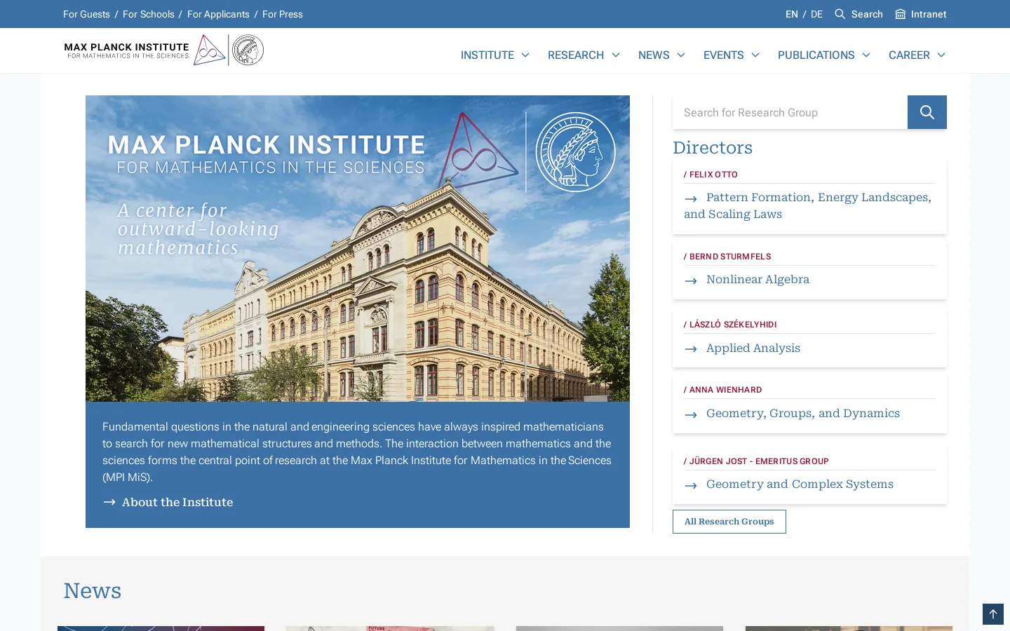 Max Planck Institute for Mathematics in the Sciences: MPI MIS Homepage screenshot