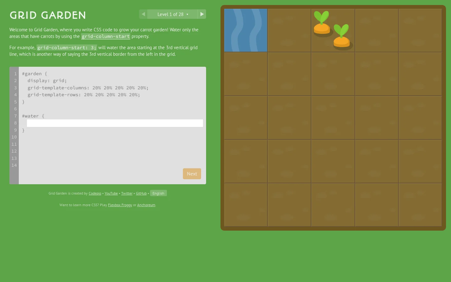 Grid Garden - A game for learning CSS grid layout Homepage screenshot