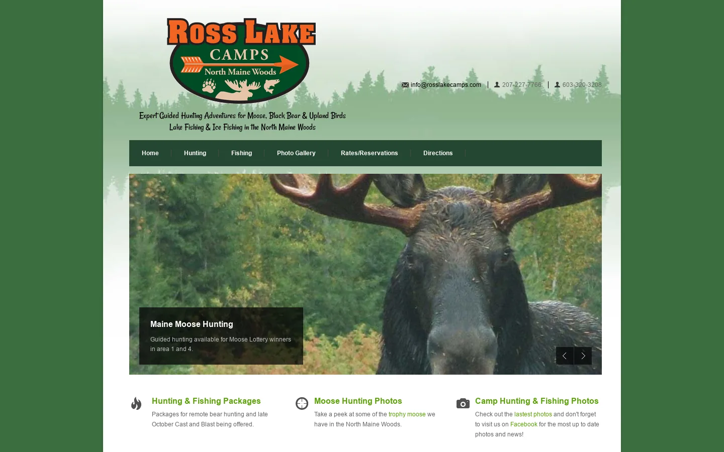 Maine moose hunting, black bear hunting, upland birds grouse at Ross Lake Camps Northern ME Homepage screenshot