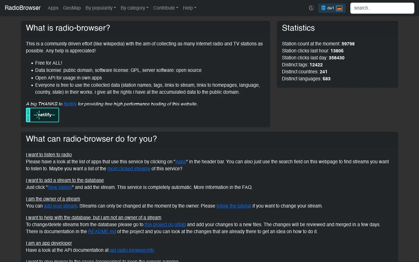 radio-browser.info Homepage screenshot