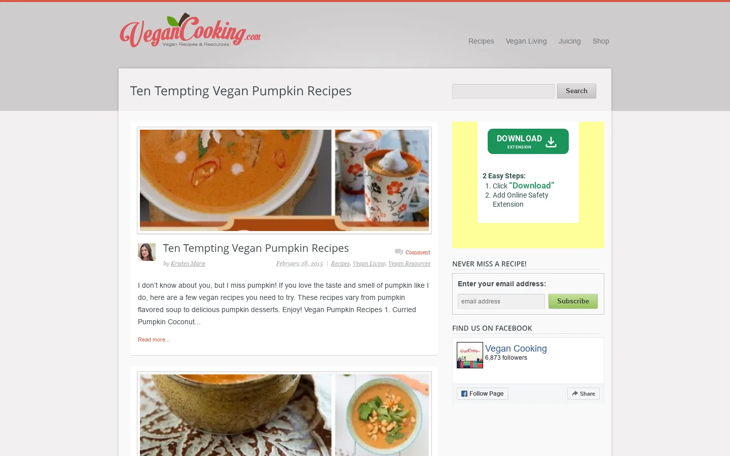 Vegan Cooking Homepage screenshot