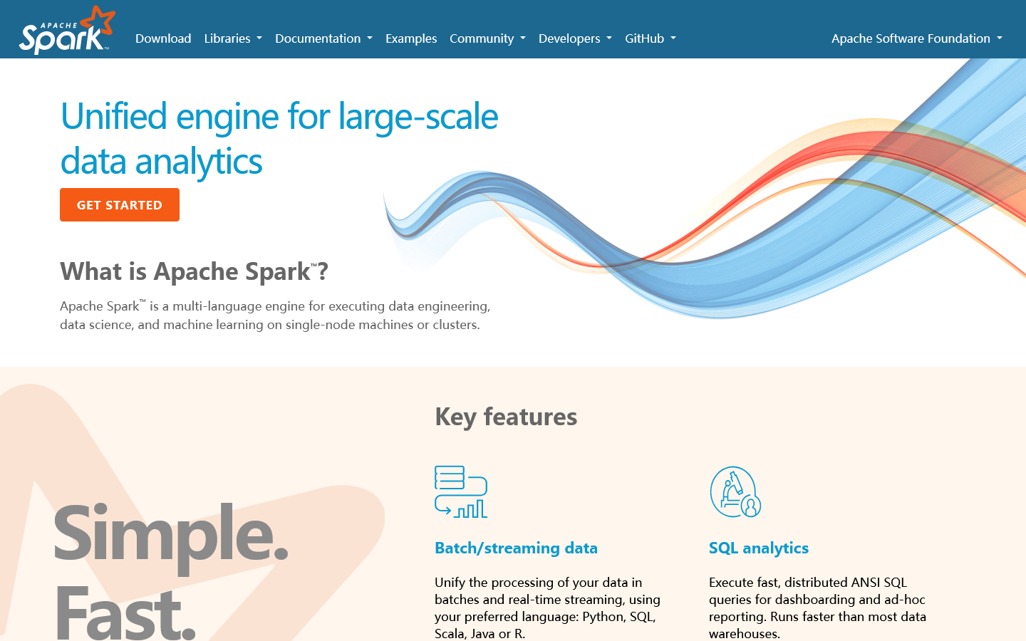 Apache Spark™ - Unified Engine for large-scale data analytics Homepage screenshot