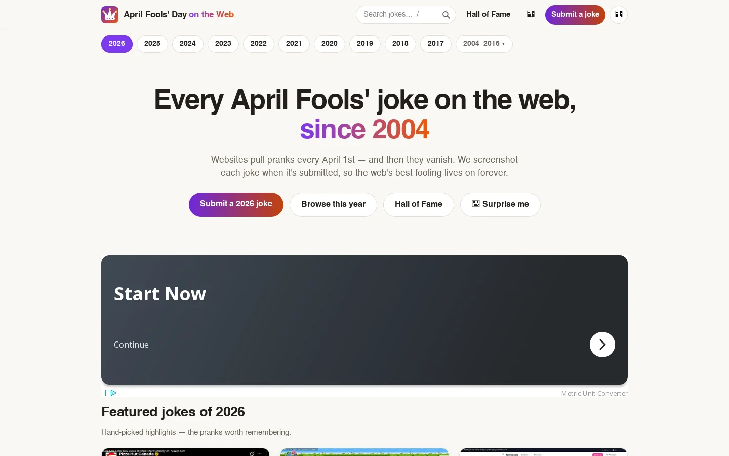 April Fools' Day On The Web Homepage screenshot