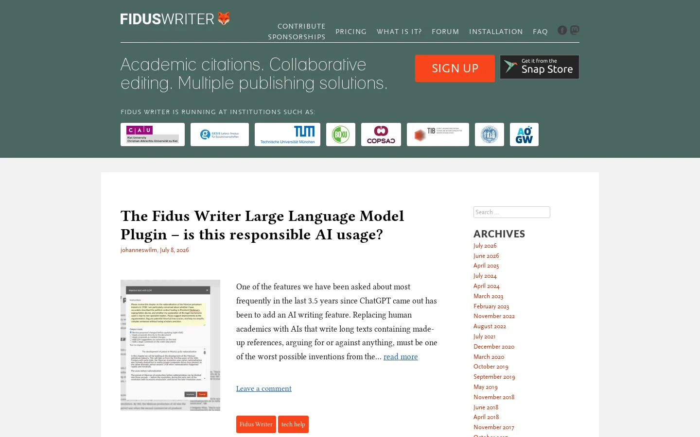 Fidus Writer Homepage screenshot