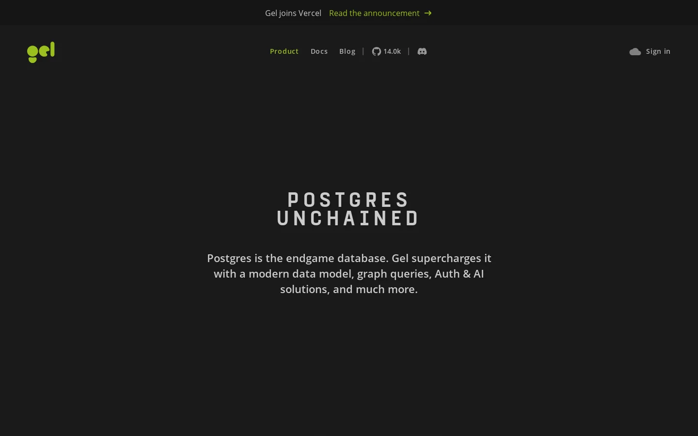 Gel | Postgres Unchained Homepage screenshot