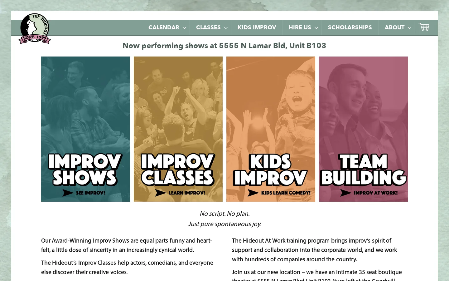Austin Improv Comedy Shows, Classes – The Hideout Theatre – Austin's Longest-Running Improv Theater and School Homepage screenshot