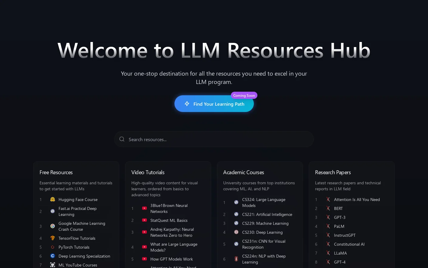LLM Resource Hub Homepage screenshot