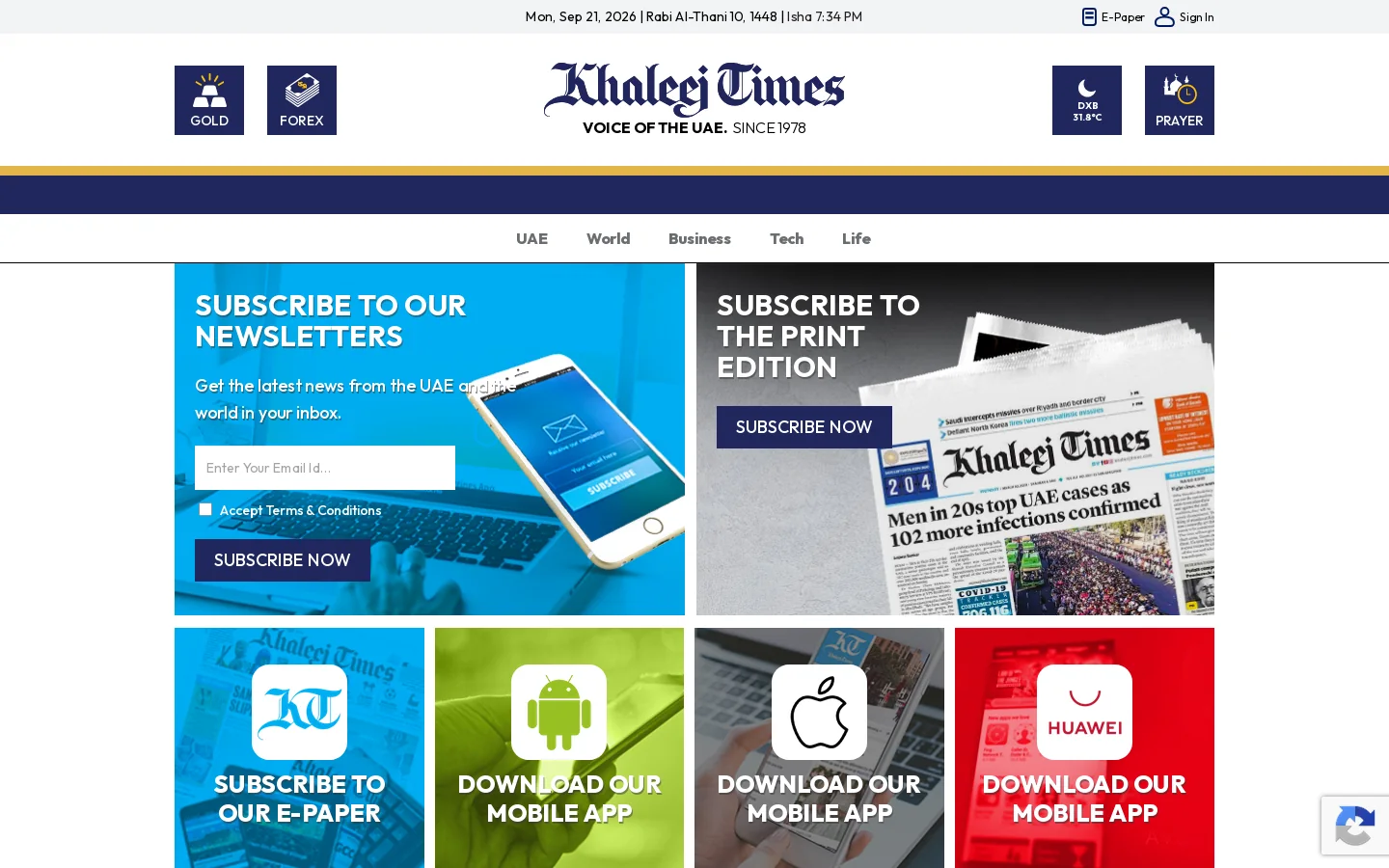 subscriptions.khaleejtimes.com Homepage screenshot