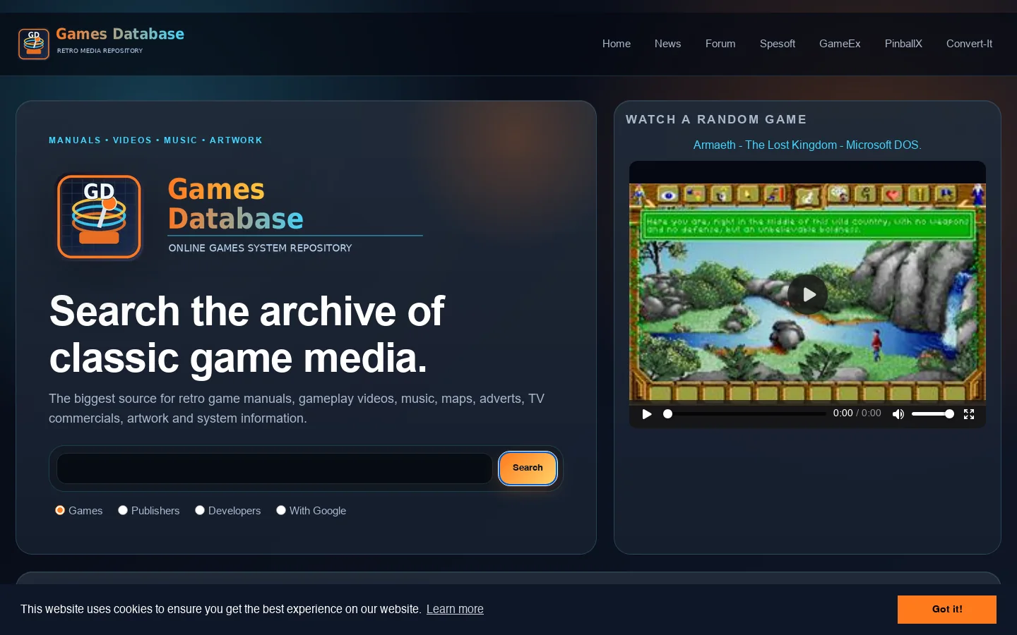 Games Database Homepage screenshot