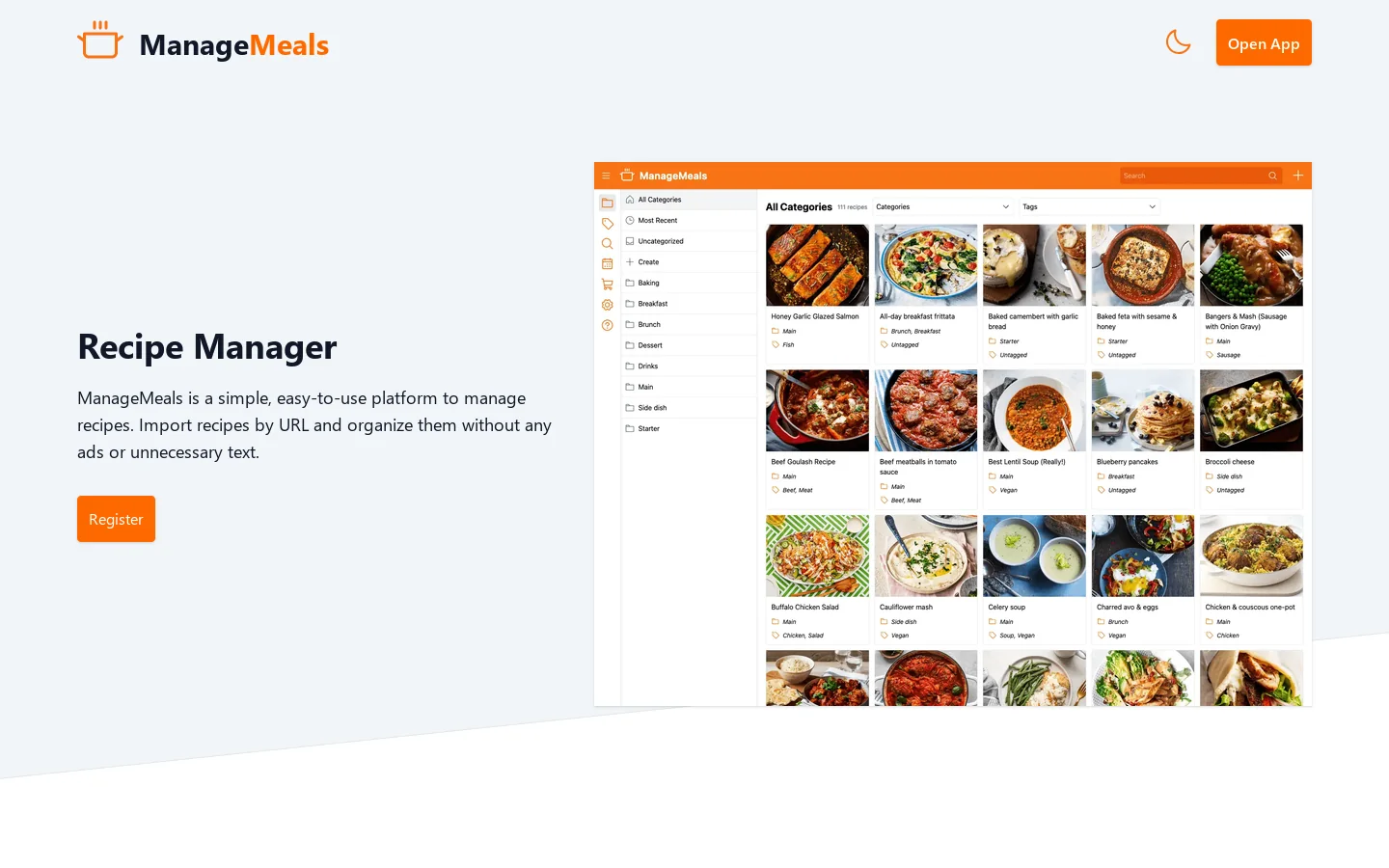 ManageMeals Homepage screenshot