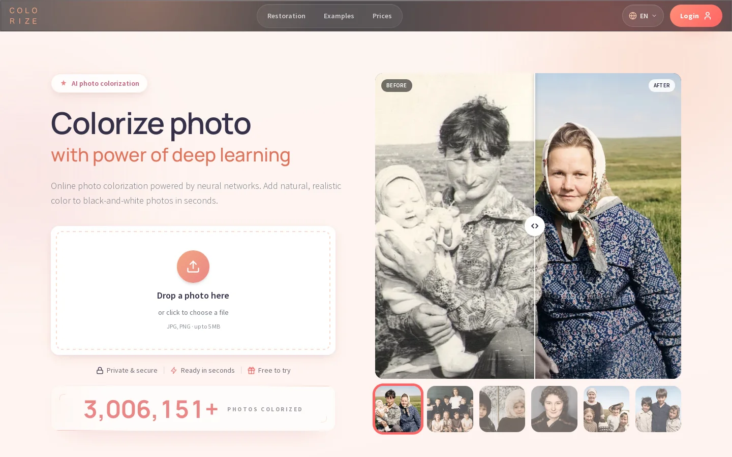 Colorize photo online Homepage screenshot
