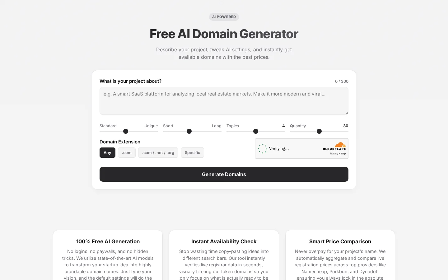 Free AI Domain Generator Homepage screenshot