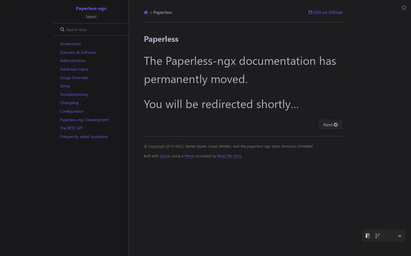 Paperless-ngx 1.10.0 documentation Homepage screenshot