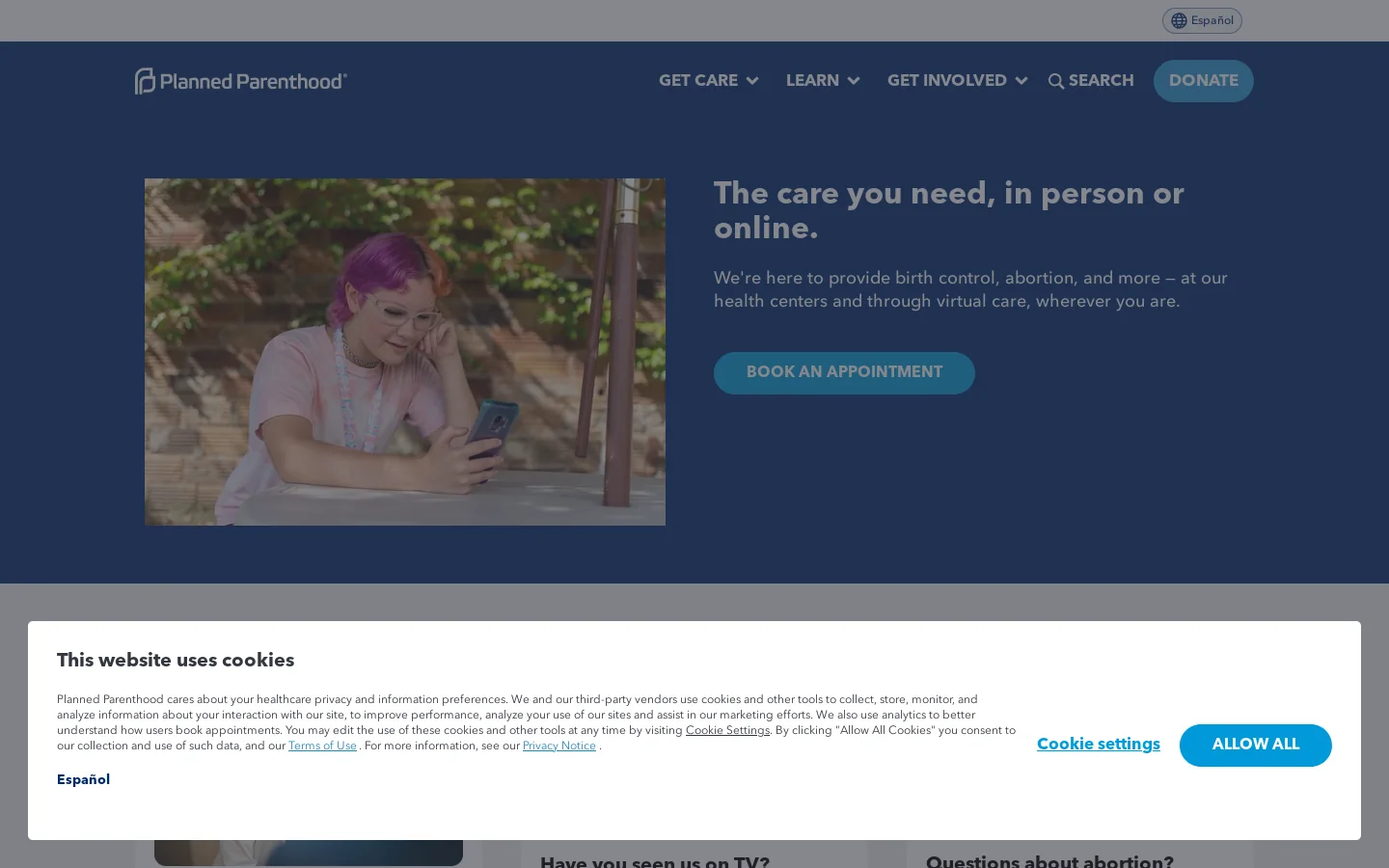 Planned Parenthood Homepage screenshot