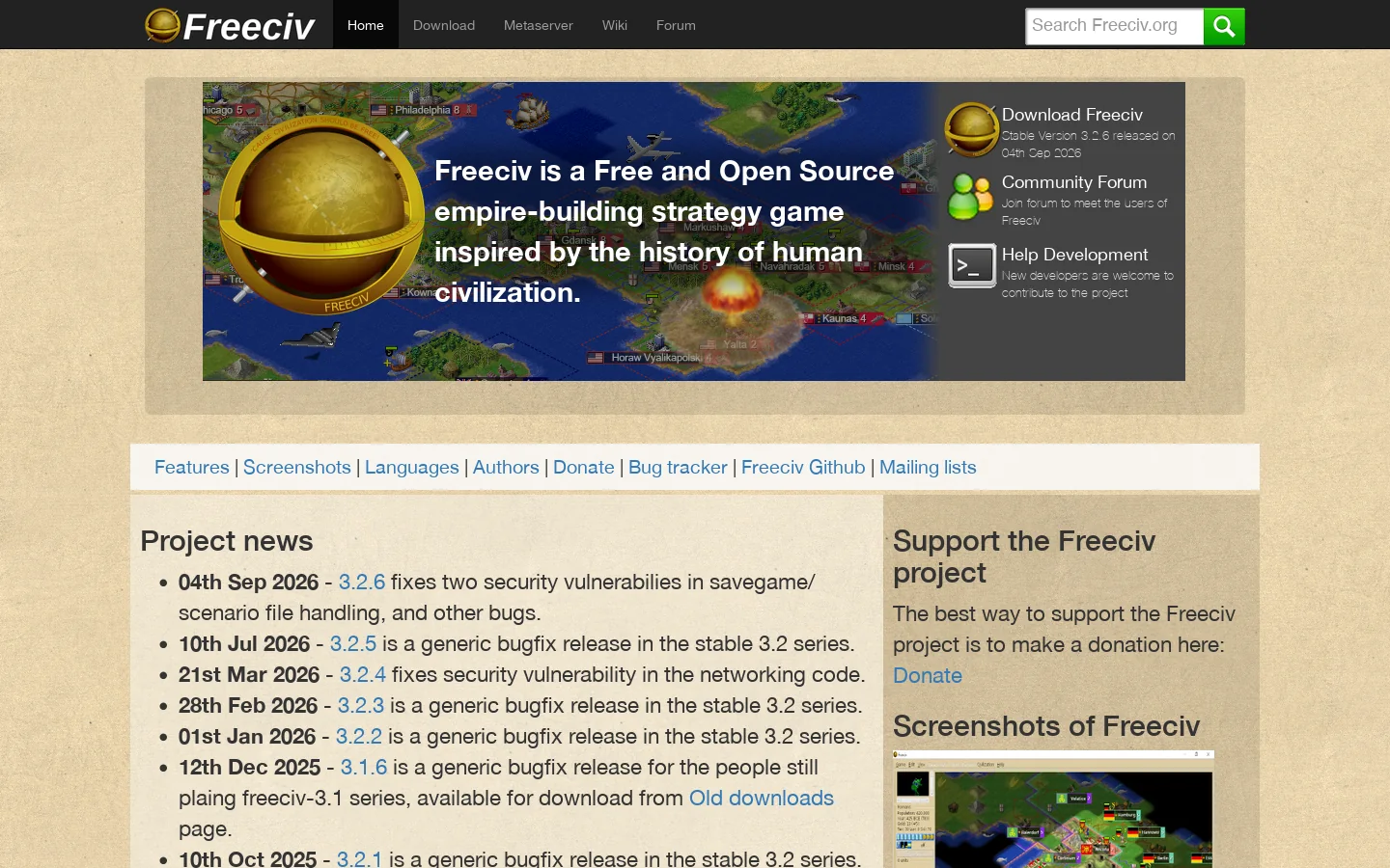 Freeciv.org Homepage screenshot