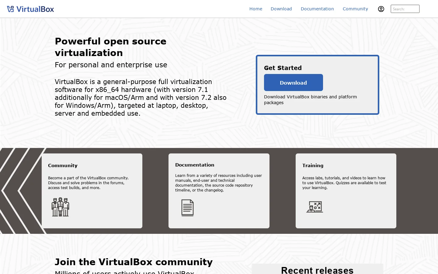Oracle VirtualBox Homepage screenshot