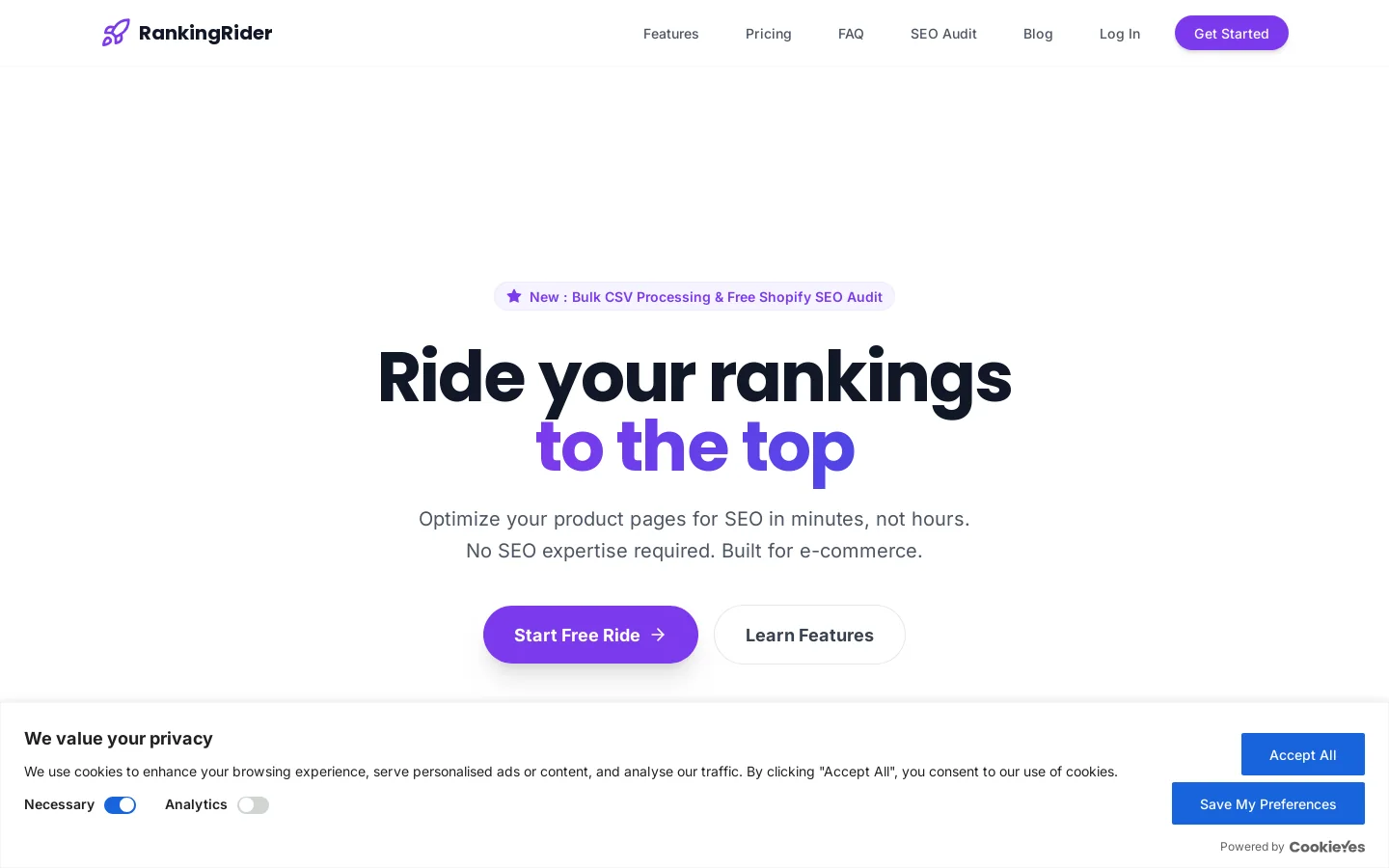 RankingRider Homepage screenshot