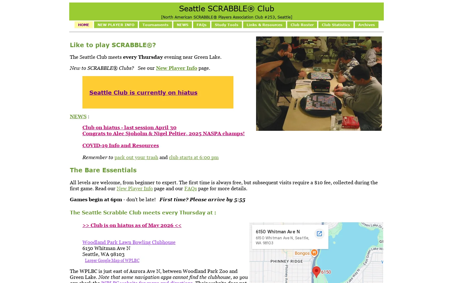 Seattle Scrabble Club Homepage screenshot