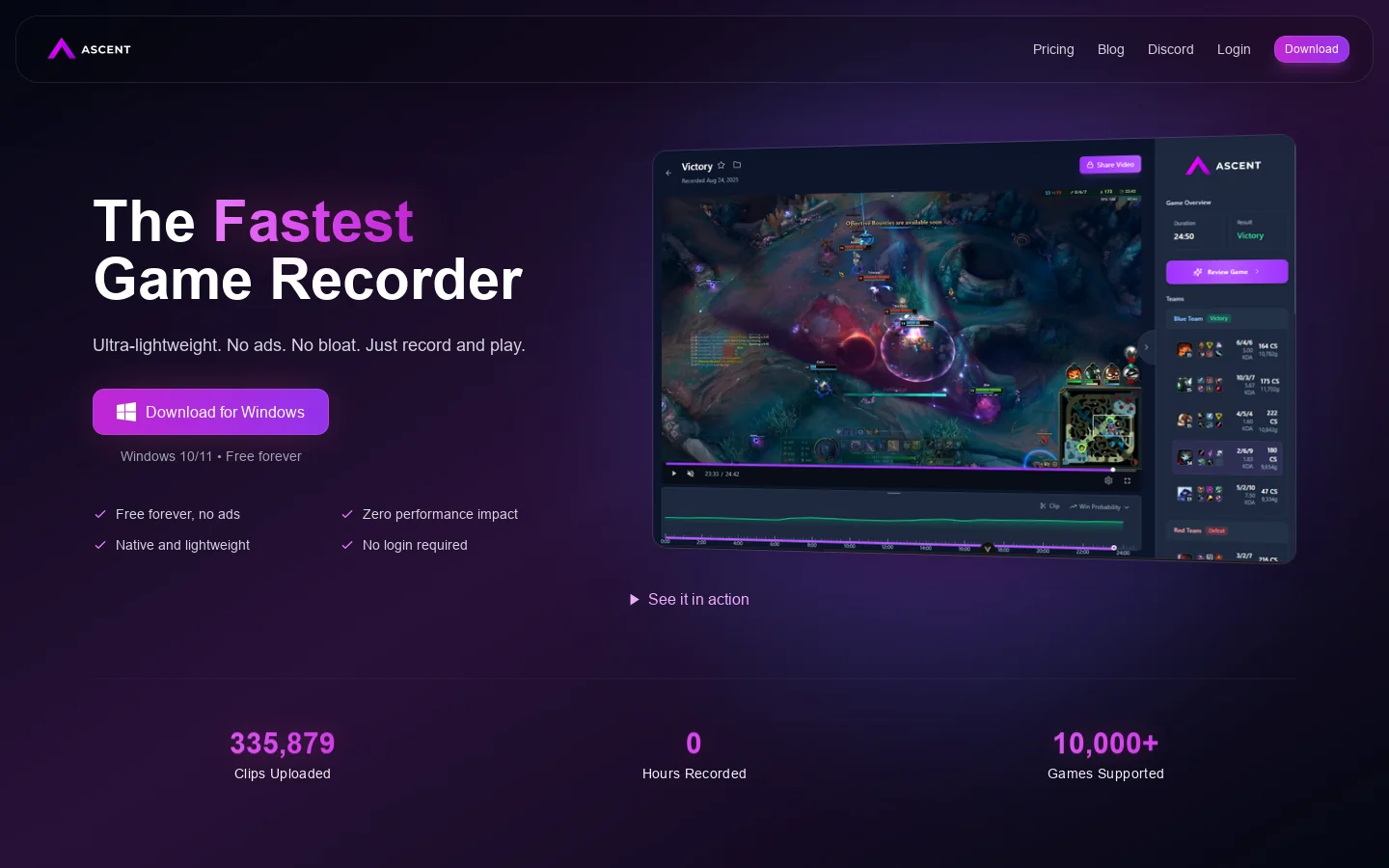 Ascent | The Fastest Free Game Recorder for PC Homepage screenshot