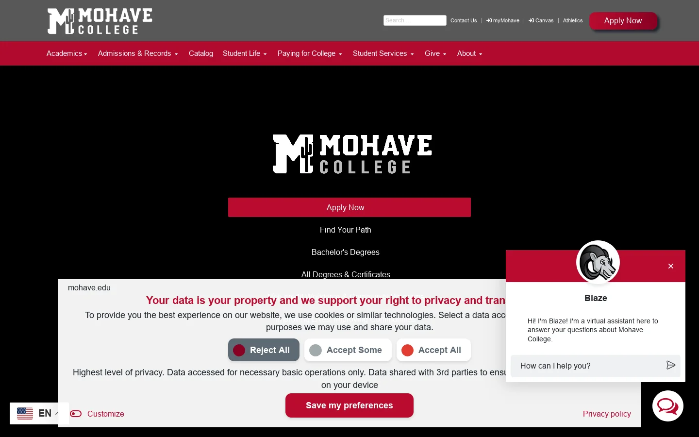Mohave College Homepage screenshot