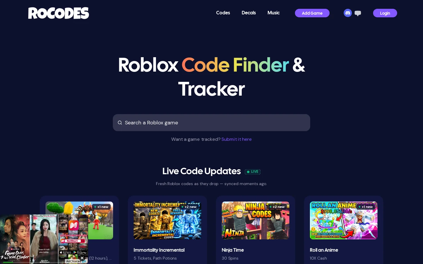 RoCodes.gg Homepage screenshot