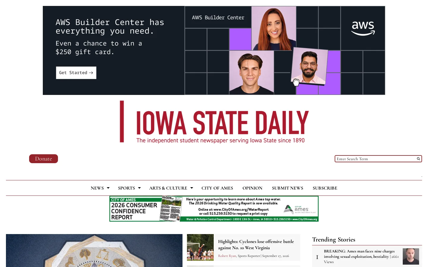 Iowa State Daily Homepage screenshot