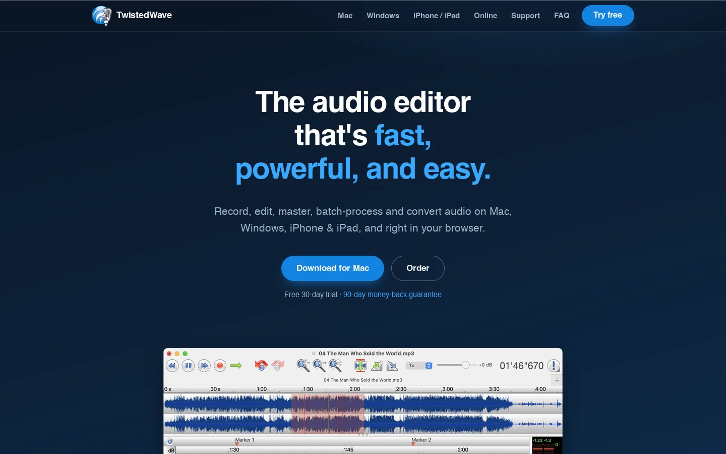 TwistedWave, a fast, powerful and easy audio editor Homepage screenshot