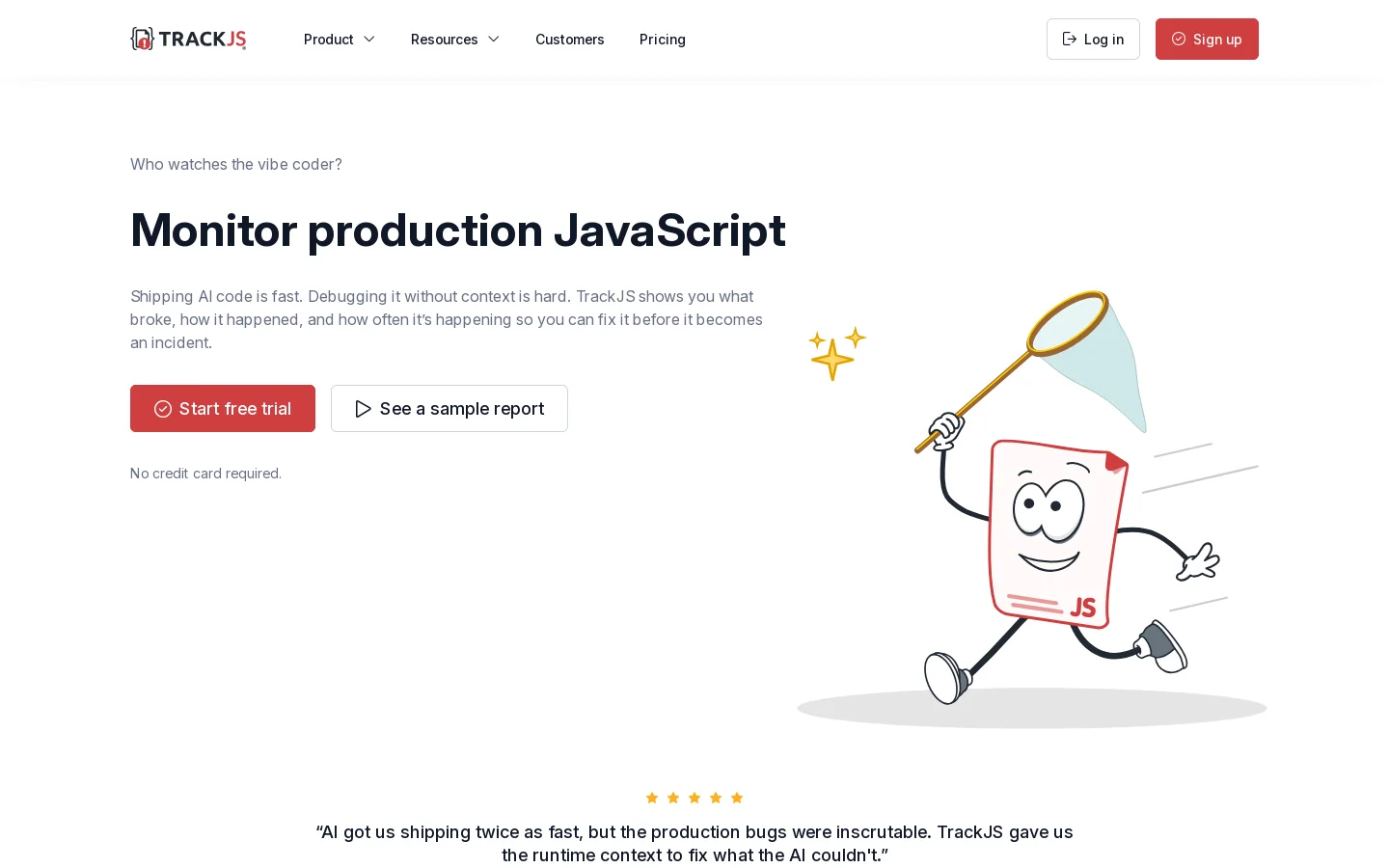 JavaScript Error Monitoring • TrackJS Homepage screenshot