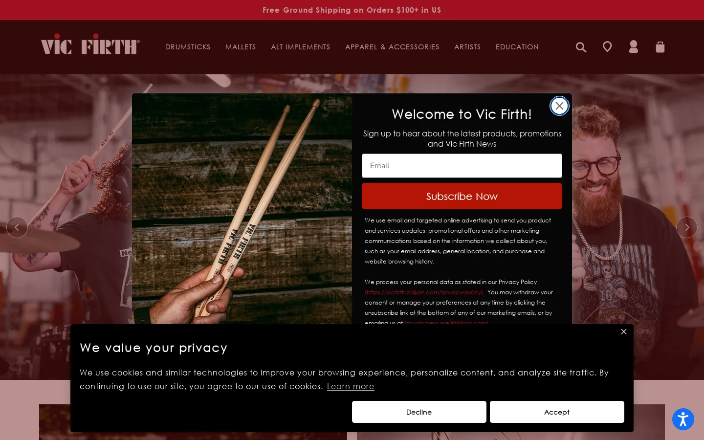 Vic Firth Homepage screenshot