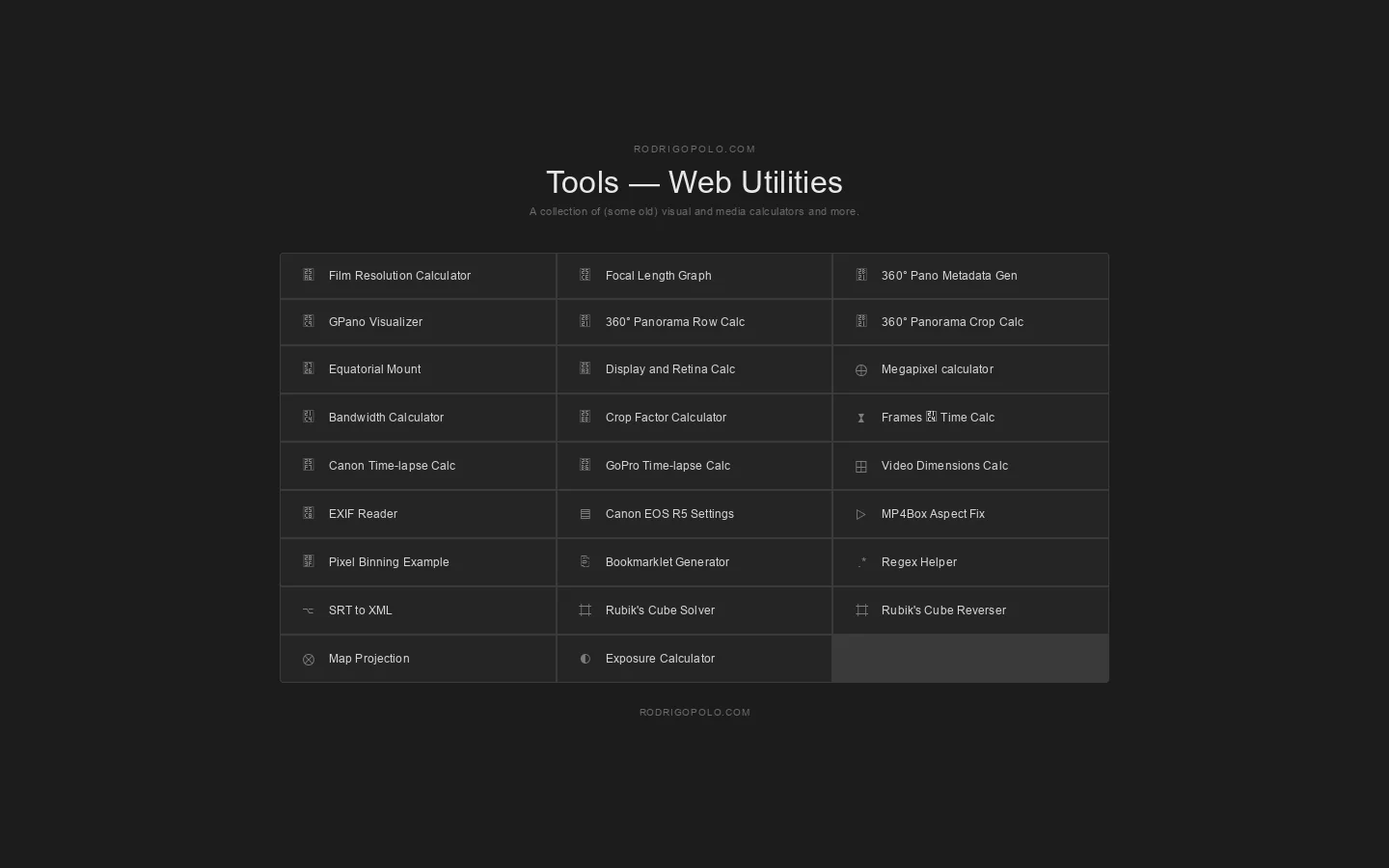 Rodrigo's Tools - Visual Calculators for Photography & Video Homepage screenshot