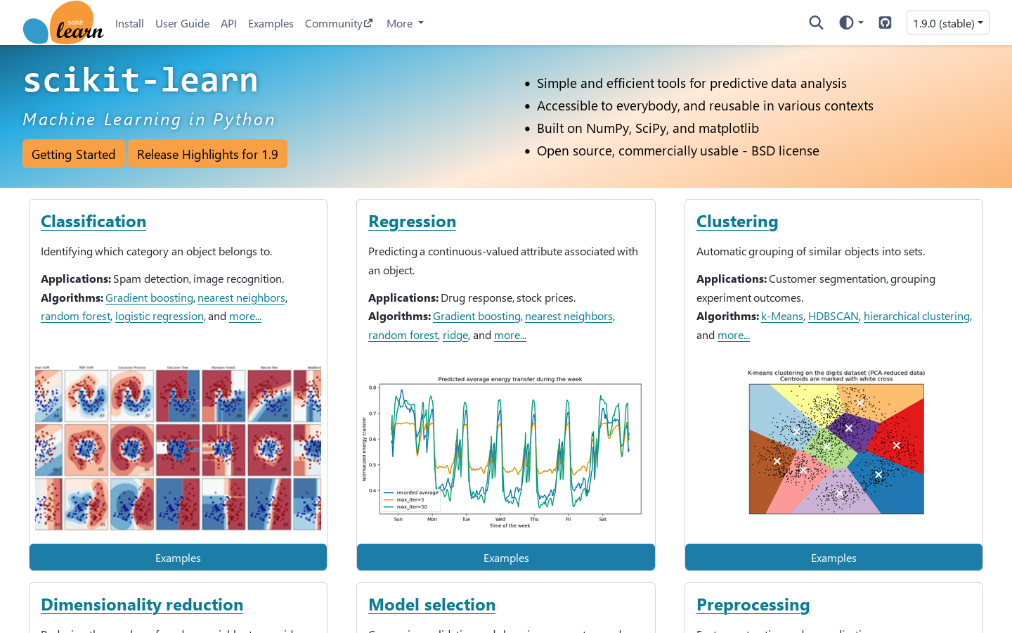 scikit-learn Homepage screenshot
