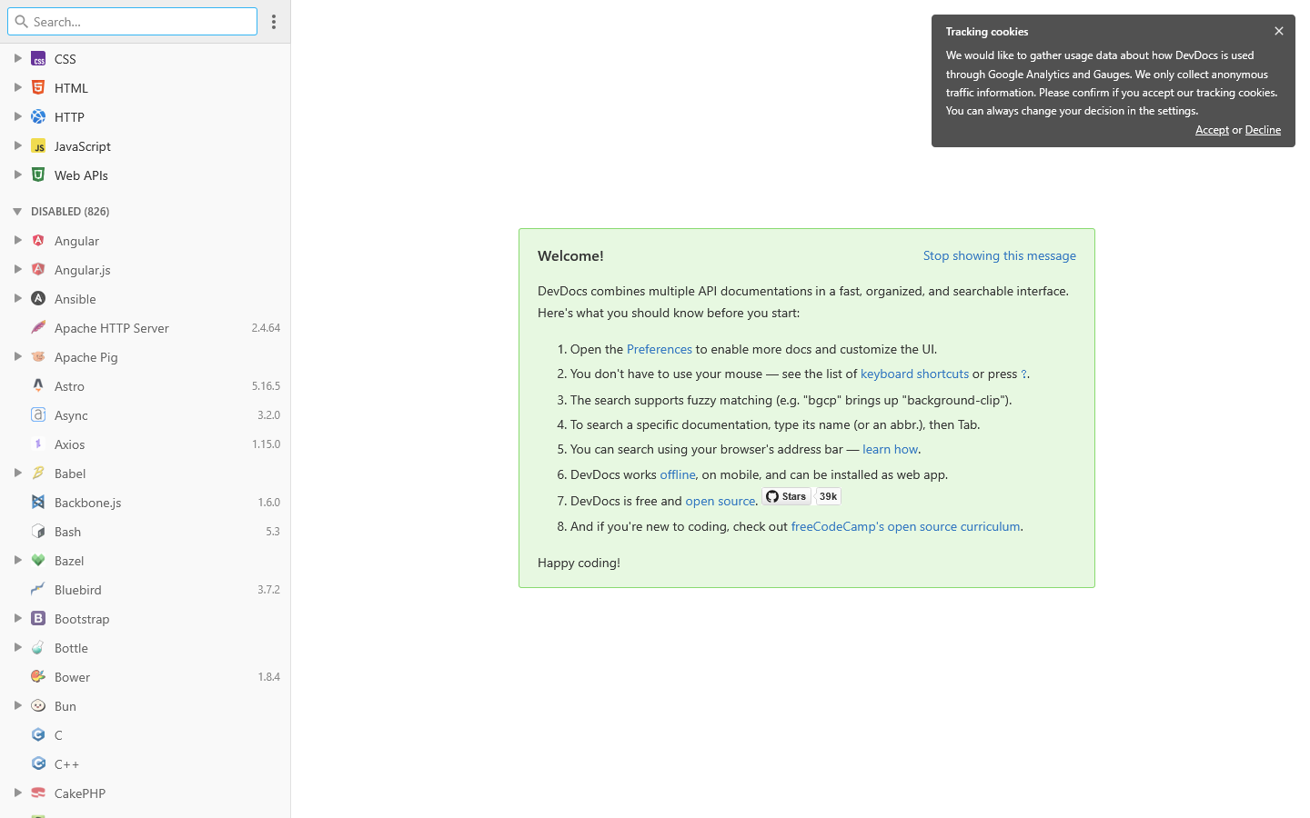 DevDocs API Documentation Homepage screenshot