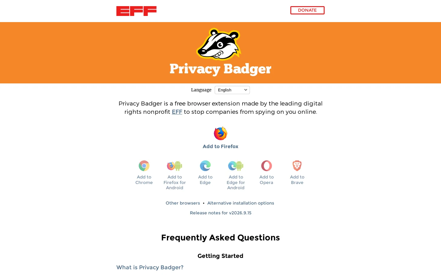 Privacy Badger Homepage screenshot