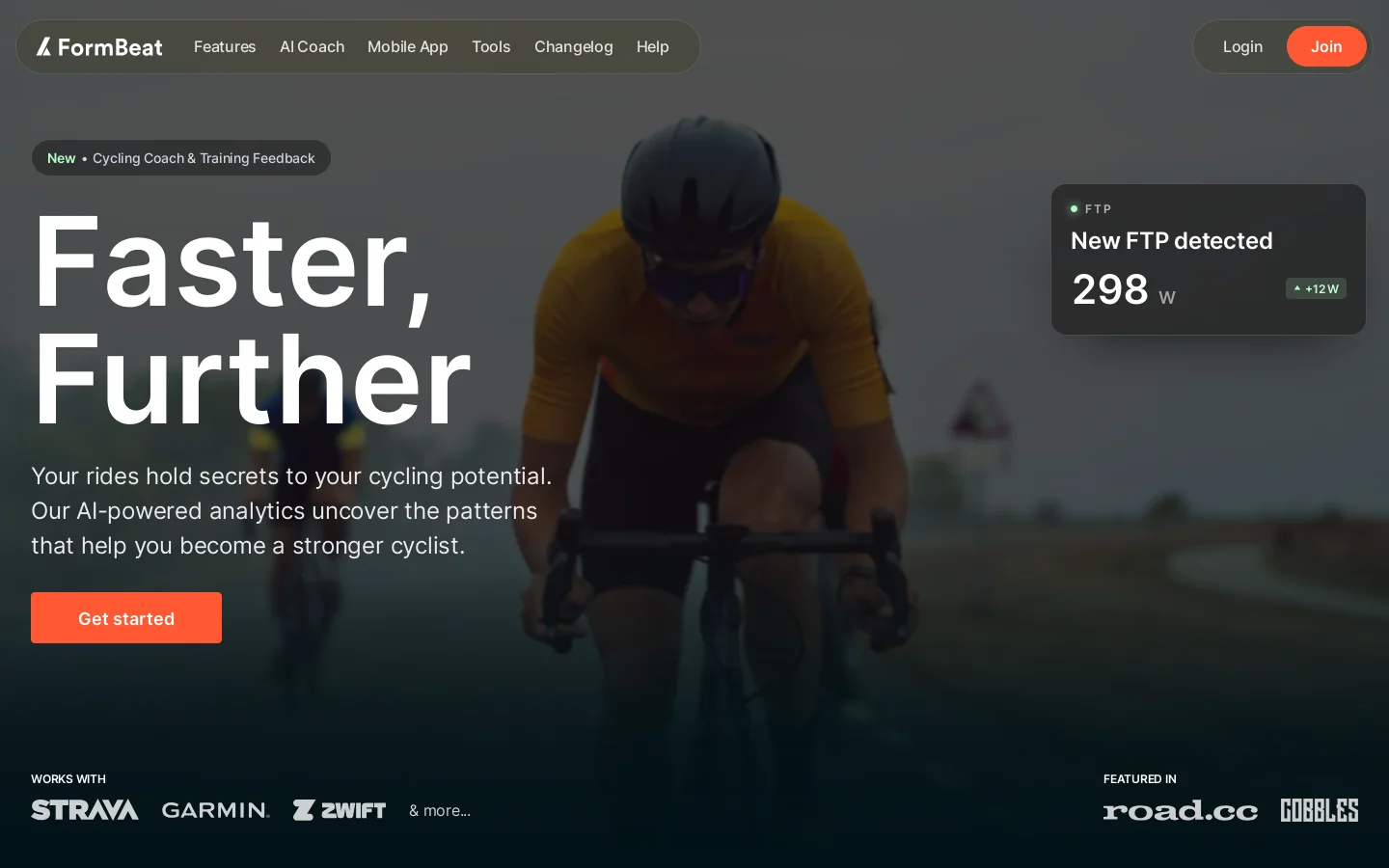 FormBeat Cycling Analytics Homepage screenshot