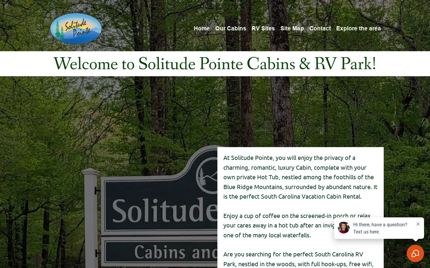 Solitude Pointe Cabins and RV Park Homepage screenshot