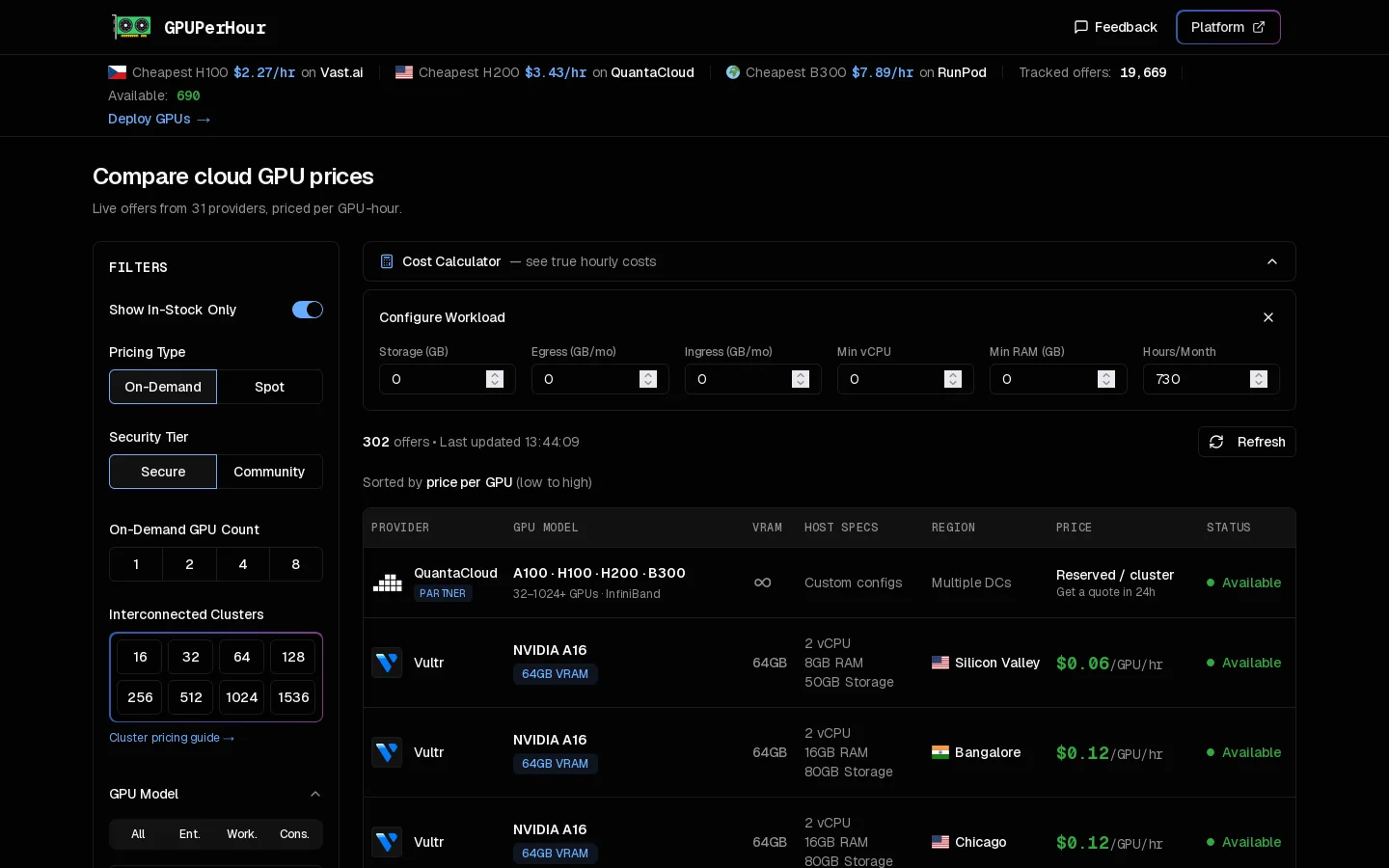 Cloud GPU Pricing: Compare 31 Providers Live (Oct 2026) Homepage screenshot