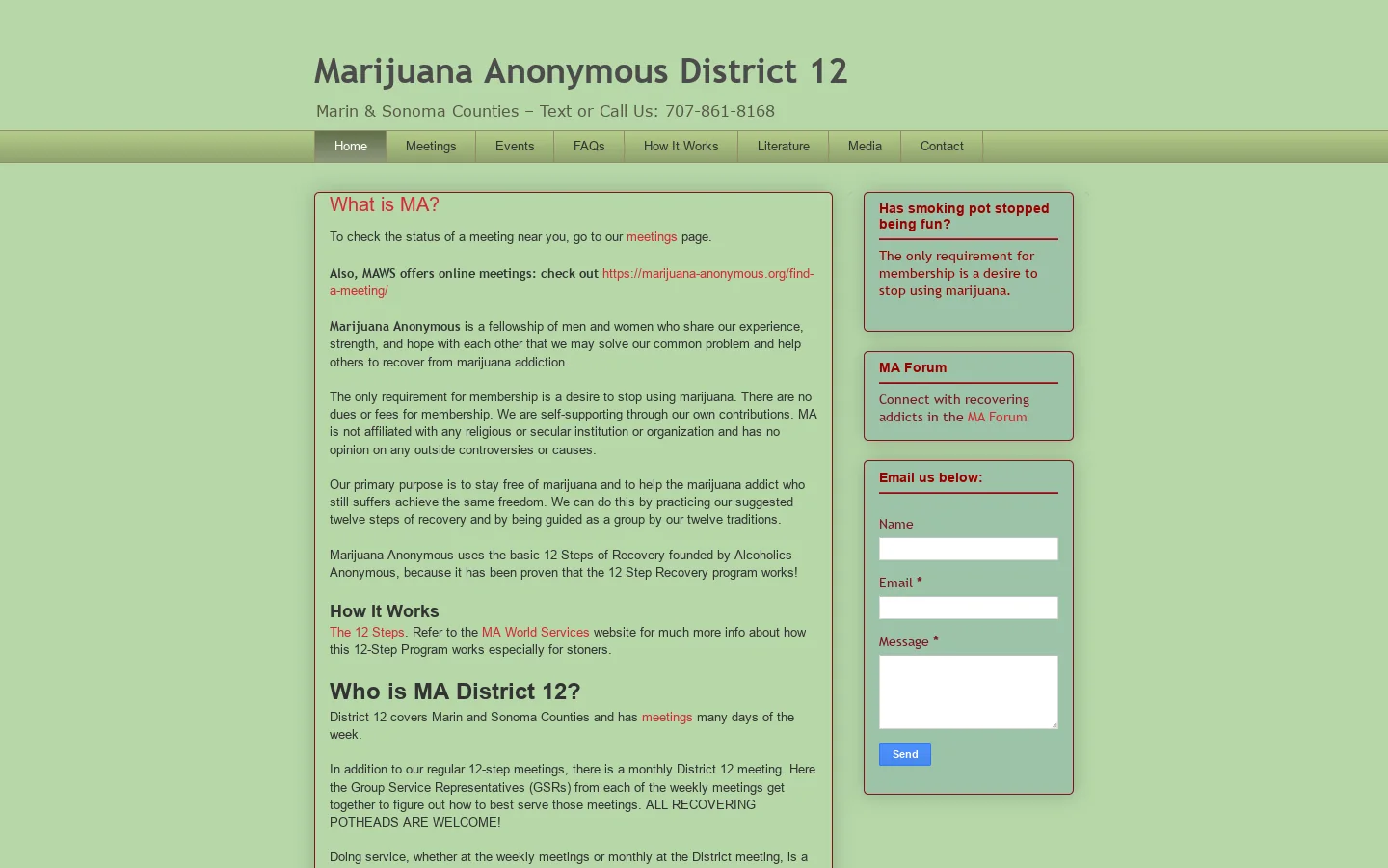 Marijuana Anonymous District 12 Homepage screenshot