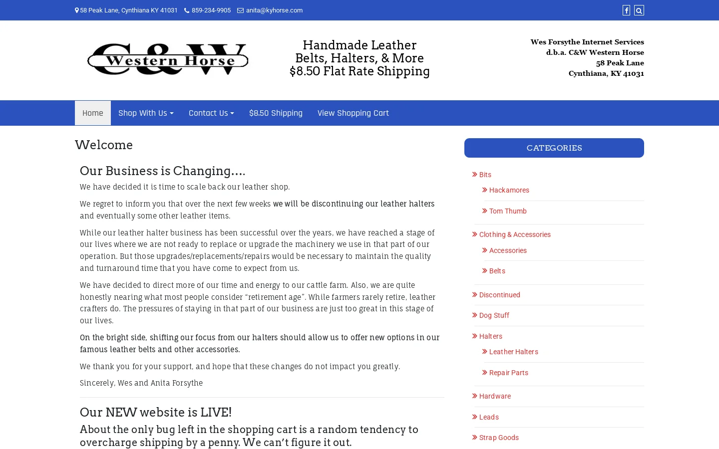 C&W Western Horse – Handmade Leather Belts and Halters Homepage screenshot