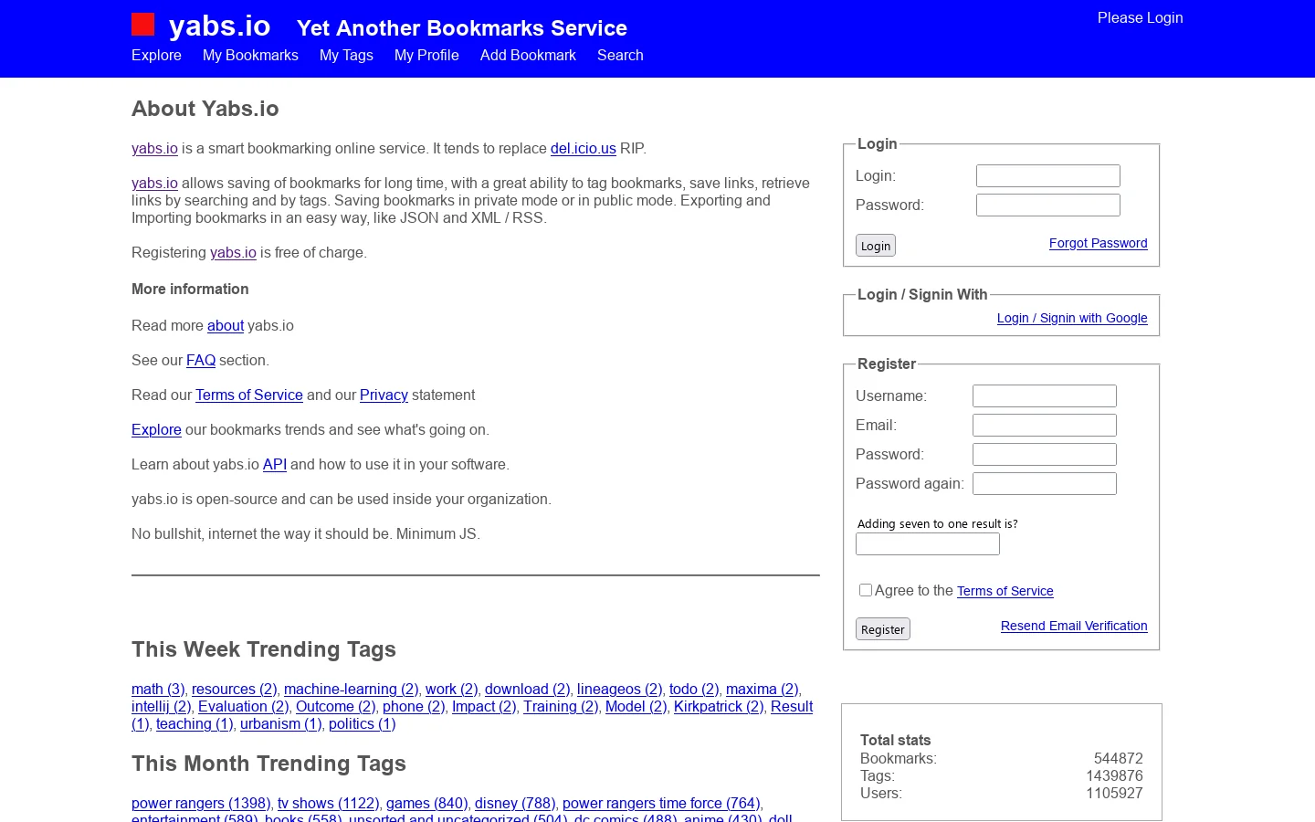 yabs.io Homepage screenshot