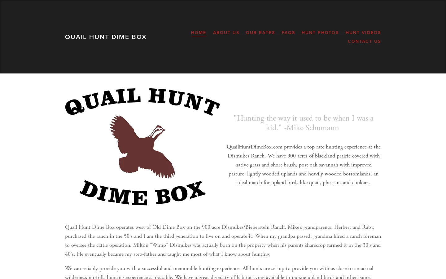 QUAIL HUNT DIME BOX Homepage screenshot