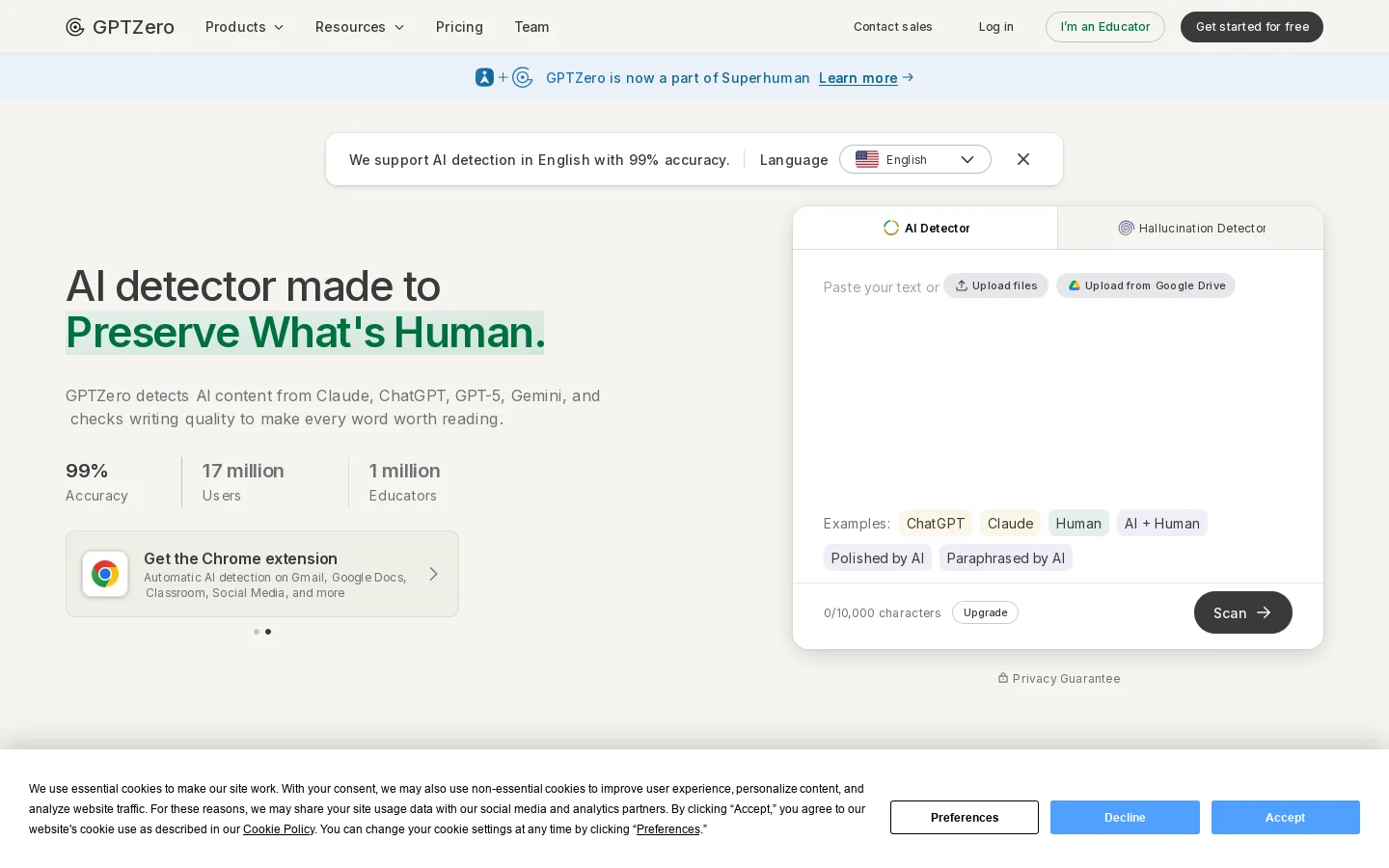 AI Detector - Free AI Checker for ChatGPT, GPT-5 & Gemini Homepage screenshot