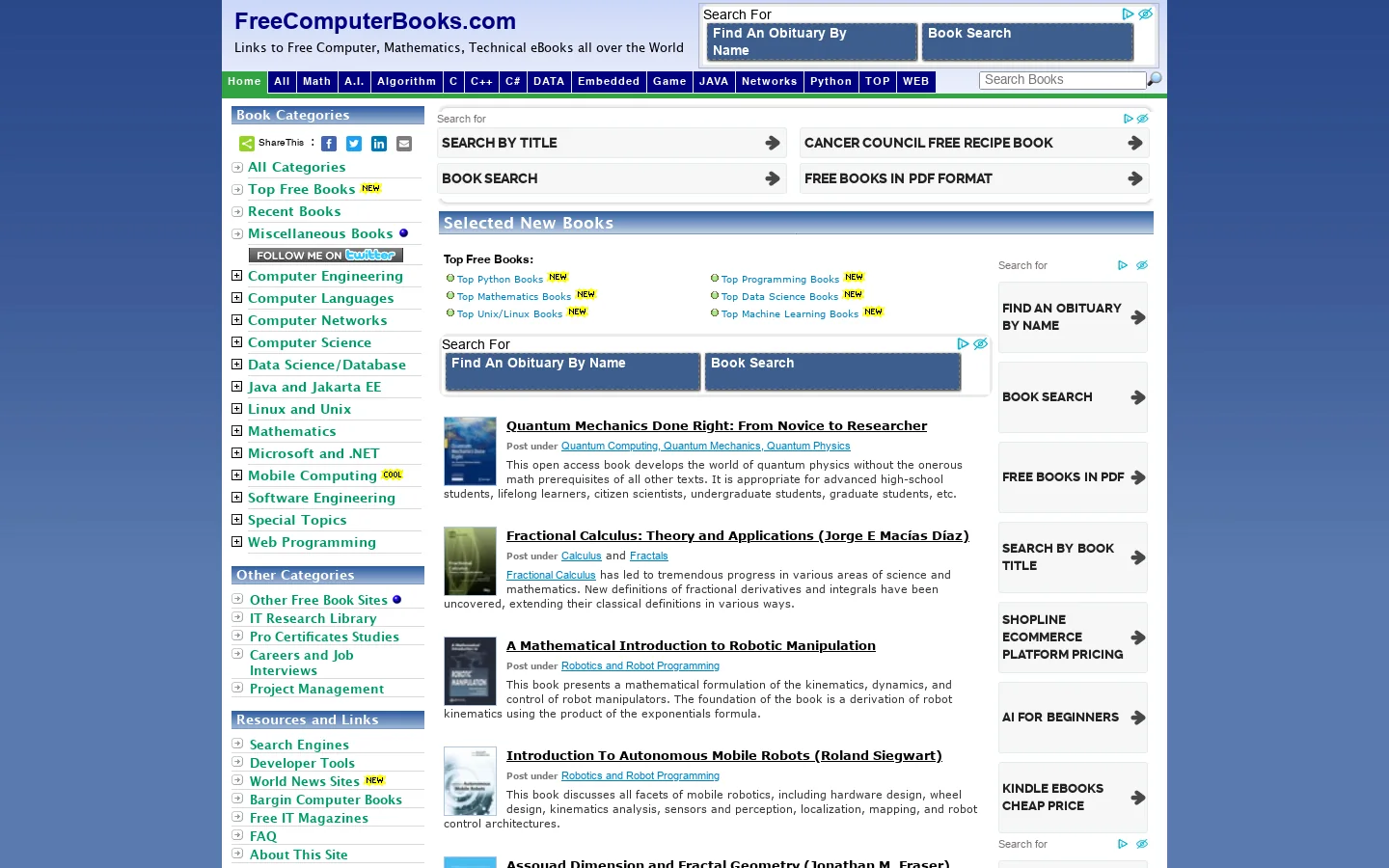 Free Computer, Programming, Mathematics, Technical Books, Lecture Notes and Tutorials Homepage screenshot