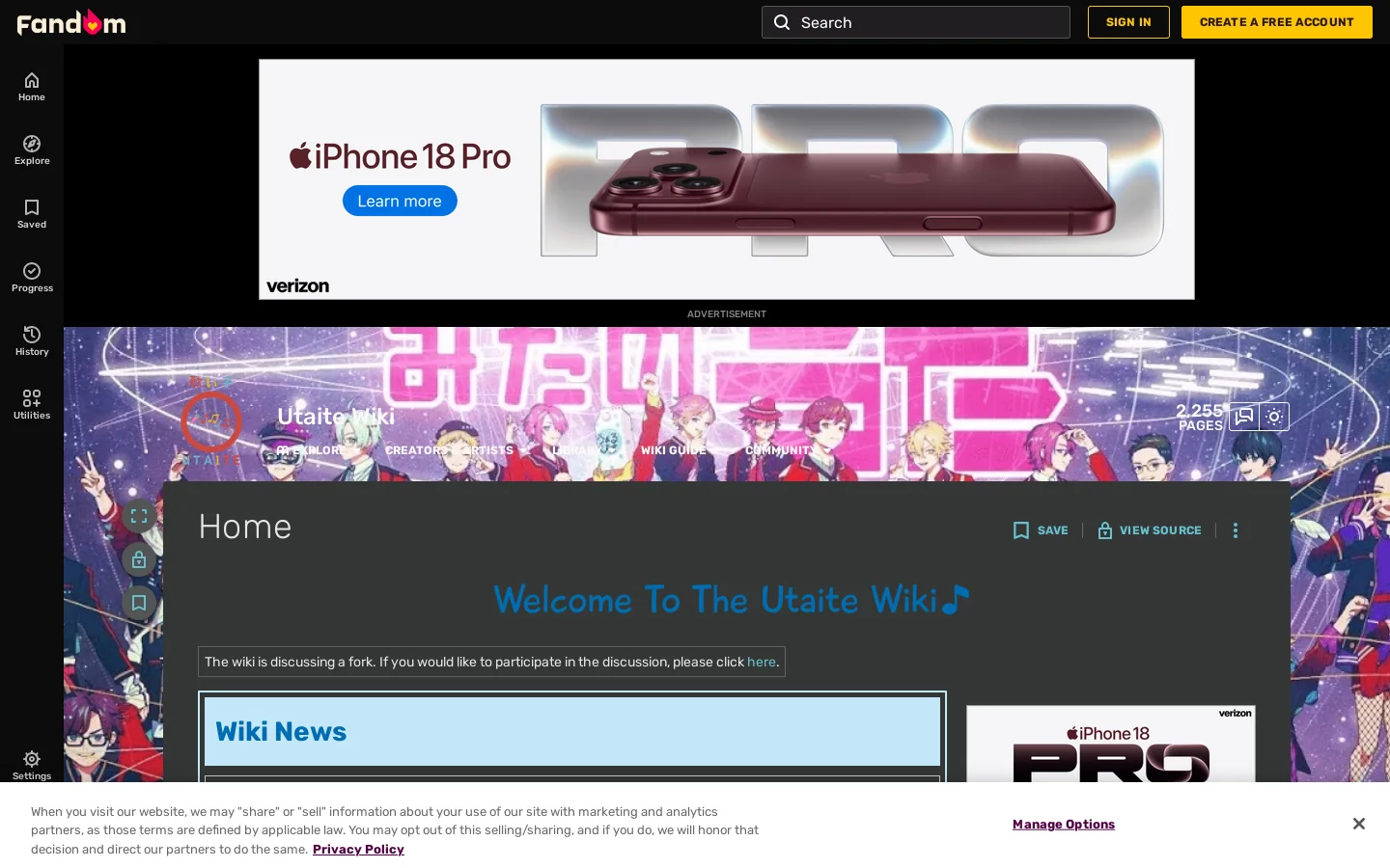 Utaite Wiki Homepage screenshot