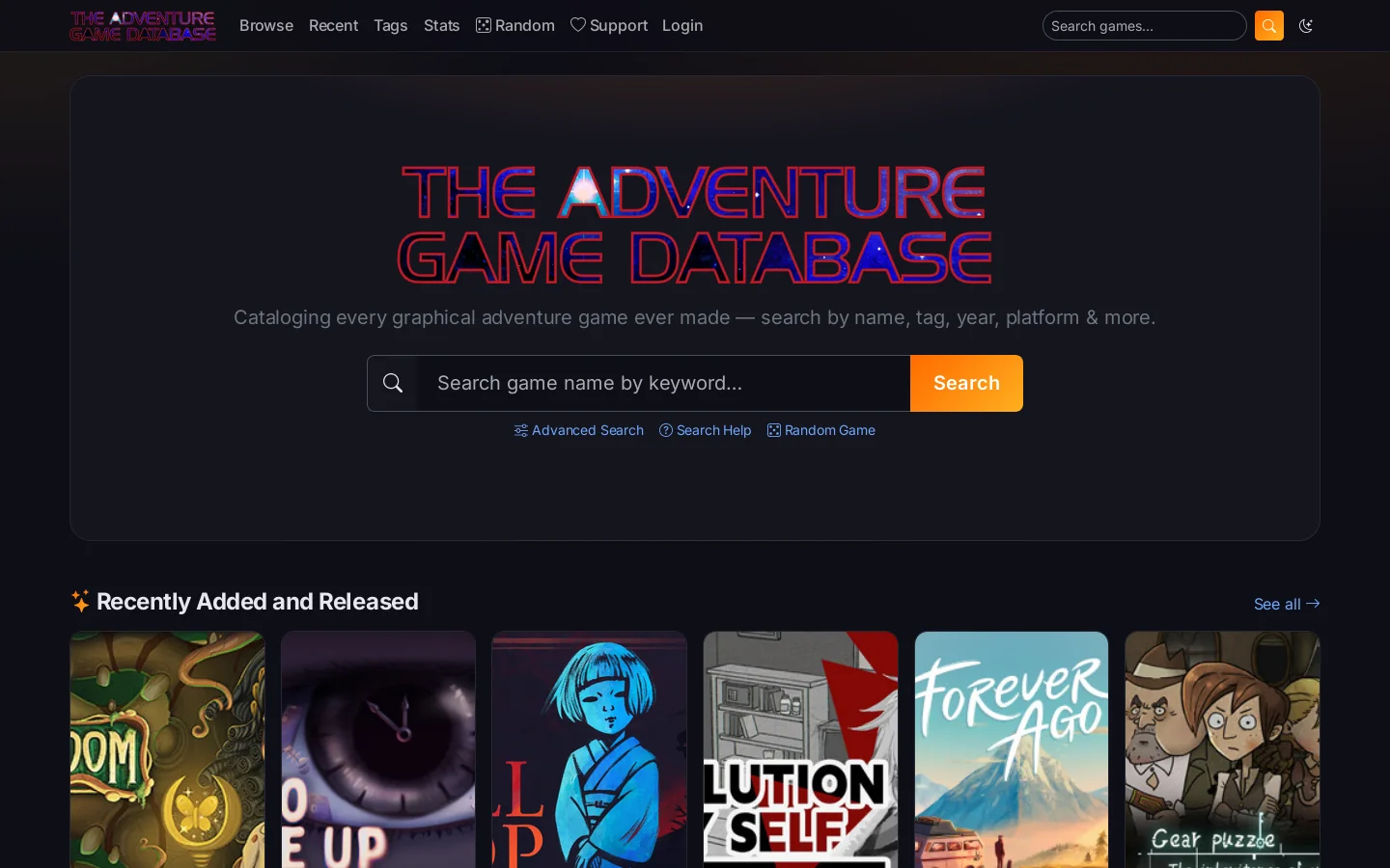 The Adventure Game Database Homepage screenshot