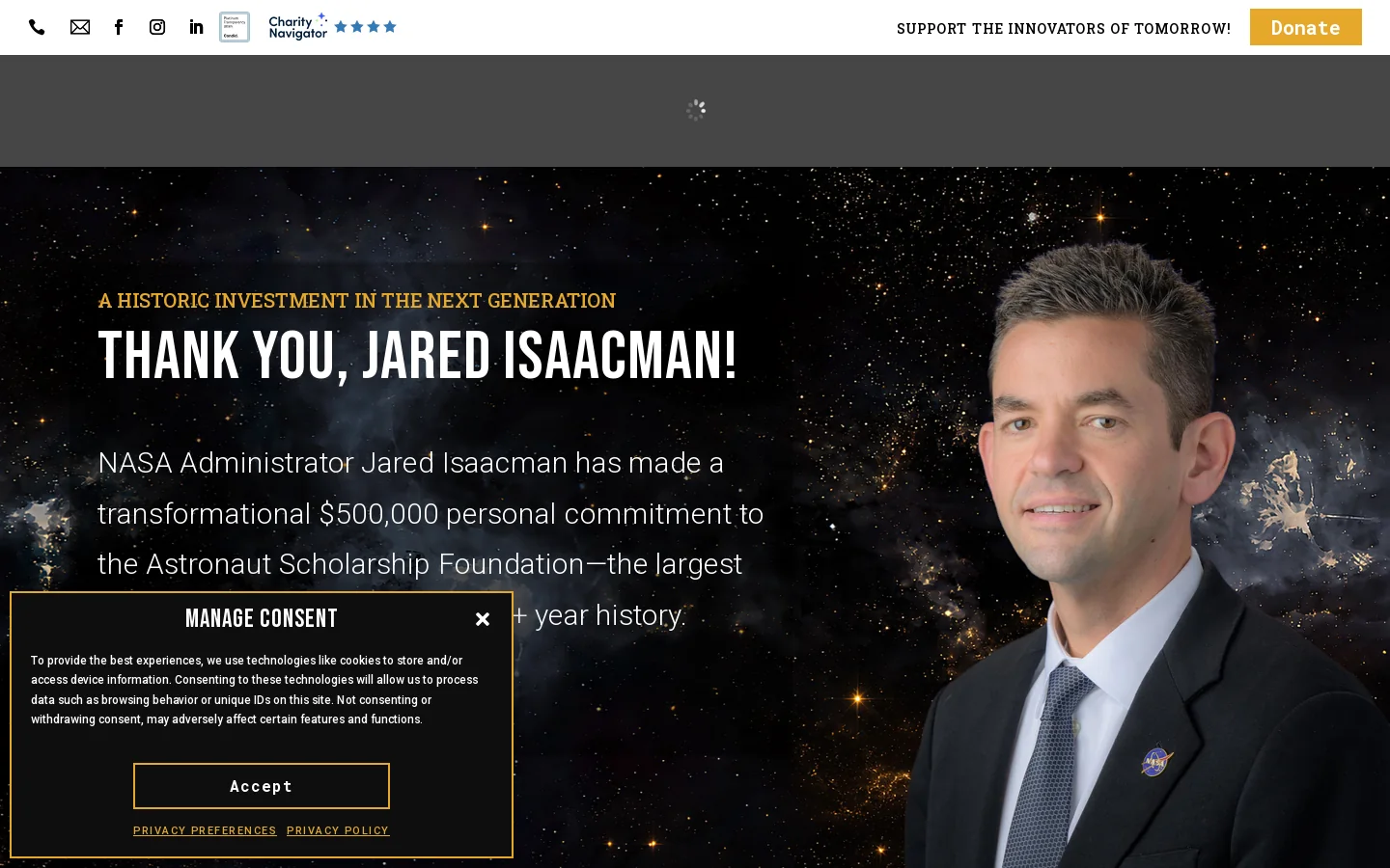 Astronaut Scholarship Foundation Homepage screenshot