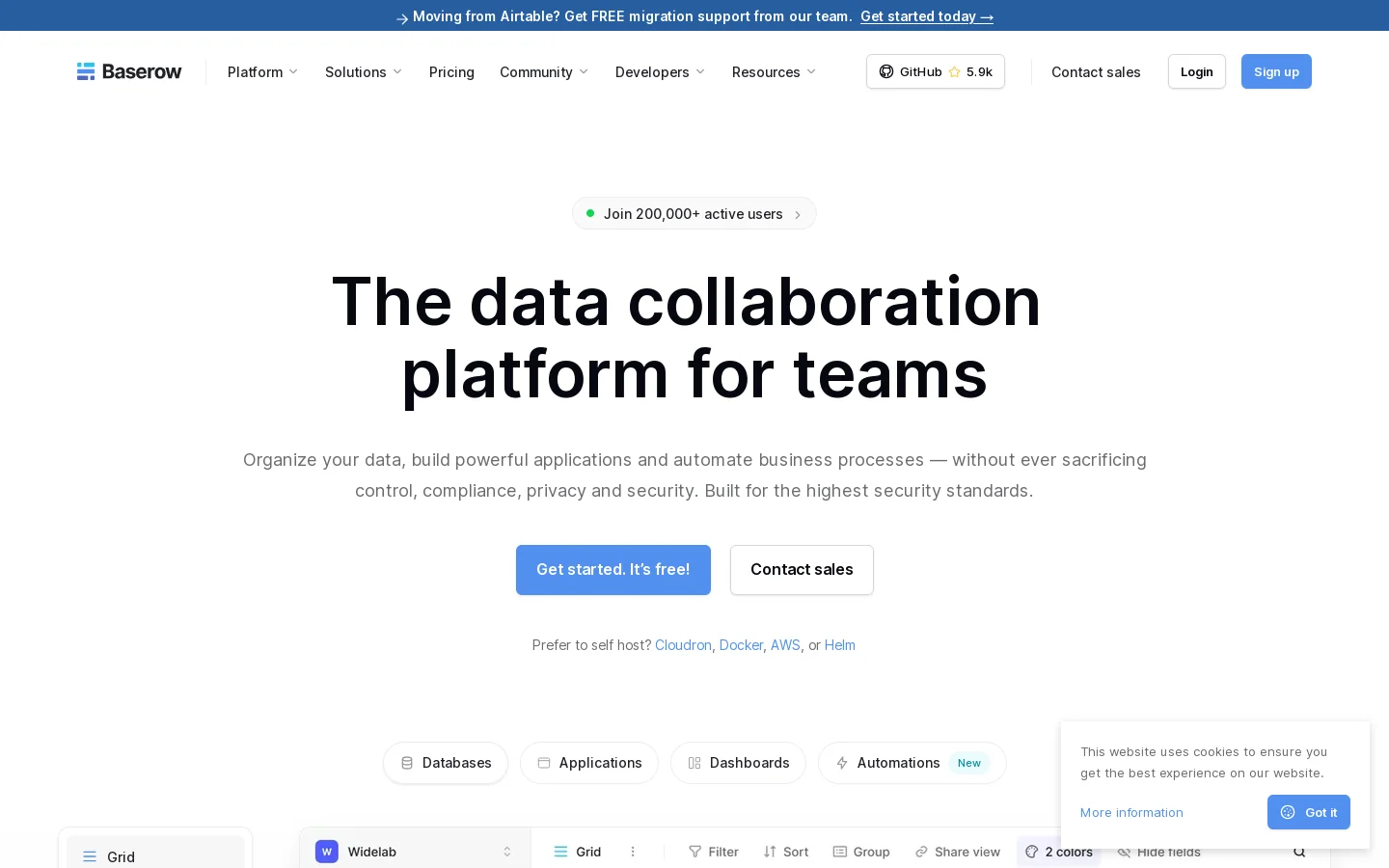 Baserow Homepage screenshot
