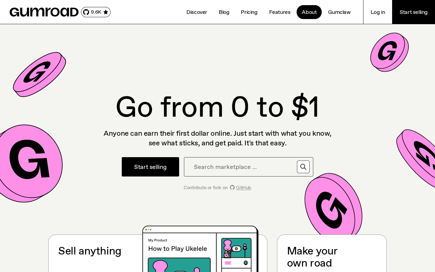 Earn your first dollar online with Gumroad Homepage screenshot
